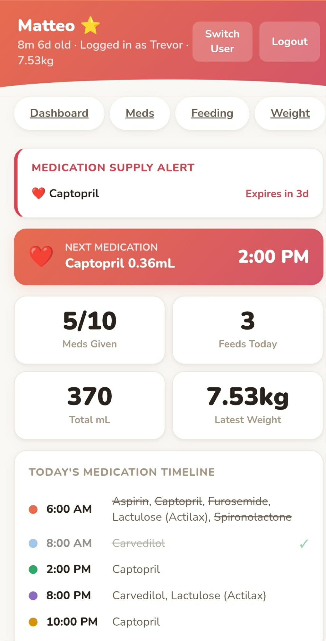 Matteo's dashboard showing next medication, supply alert, today's medication timeline, and feeding stats