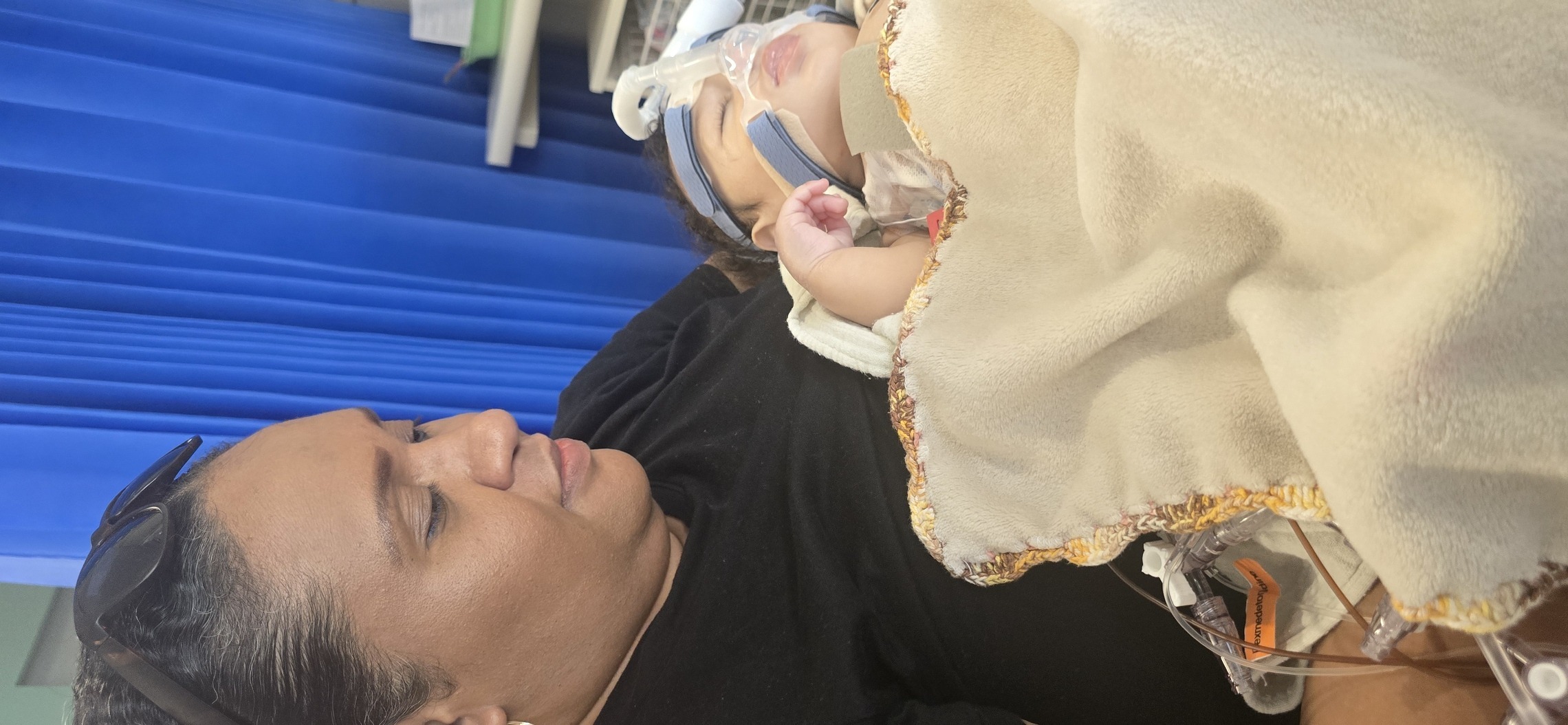 Mum and Matteo with CPAP. Recovery in HDU — getting stronger every day.